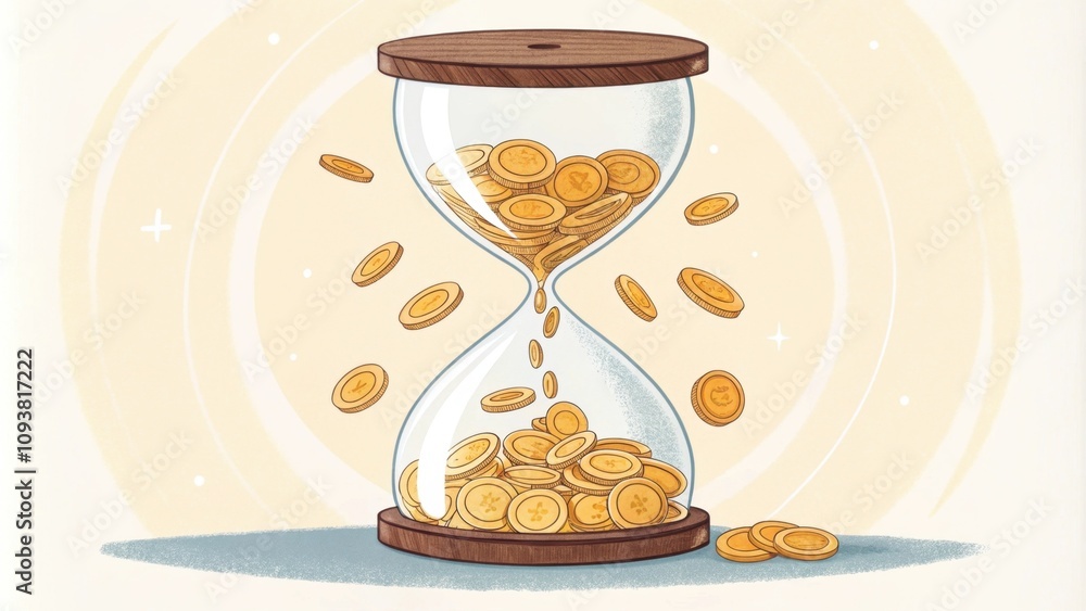 Poster an animated hourglass with coins in the top half slowly falling into the bottom illustrating time an
