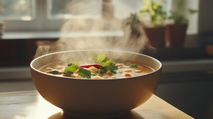 Delicious and Inviting Bowl of Steaming Hot Soup with Fresh Herbs and Vegetables on a Wooden Table Near a Sunlit Window