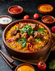 A plate of Kabsa rice with garnished pieces of meat and vegetables, traditional popular Arab banquets and dishes, recipes for delicious oriental foods and meals