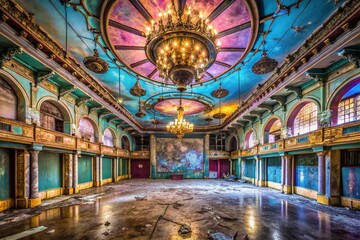 Obraz premium Captivating Macro Photography of a Derelict Ballroom in an Abandoned Nightclub Showcasing Decaying Elegance and Forgotten Splendor, Perfect for Evoking Nostalgia and Mystery