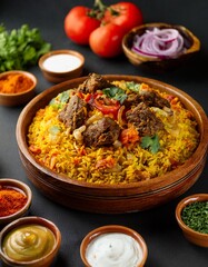 A plate of Kabsa rice with garnished pieces of meat and vegetables, traditional popular Arab banquets and dishes, recipes for delicious oriental foods and meals