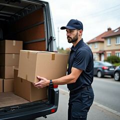 Photo, 8k resolution, a delivery driver standing by the back of a van, lifting a cardboard box from a stack. A suburban street with houses and parked cars is blurred in the background