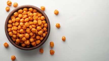 Fototapeta premium Crispy Orange Snack Balls in a Wooden Bowl on a Light Background with scattered snacks creating a vibrant, appetizing display for food photography