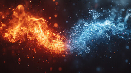 Naklejka premium Abstract red fire and blue ice background symbolizing the contrast between heat and cold, passion and calm, energy and tranquility, creating a dynamic visual representation of opposing forces