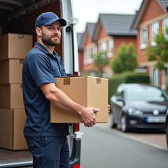 Photo, 8k resolution, a delivery driver standing by the back of a van, lifting a cardboard box from a stack. A suburban street with houses and parked cars is blurred in the background