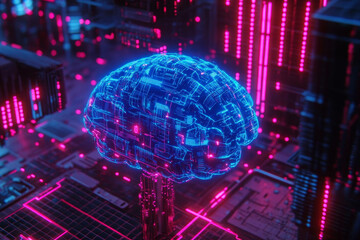 Brain blueprint illustration. glowing blue brain encased in digital circuit environment, showcasing advanced technology and neon lights