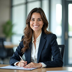 Photo, 8k resolution, an office worker in business attire sitting confidently at a modern desk