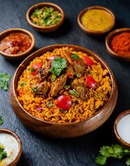 A plate of Kabsa rice with garnished pieces of meat and vegetables, traditional popular Arab banquets and dishes, recipes for delicious oriental foods and meals