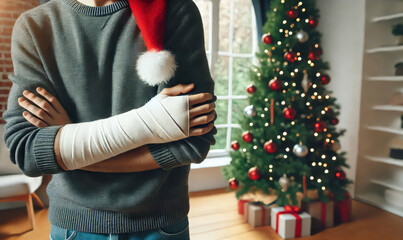 A person wearing a Santa hat stands with crossed arms, one in a bandage. A lit Christmas tree with red and white ornaments and wrapped gifts decorates the background. A cozy holiday setting