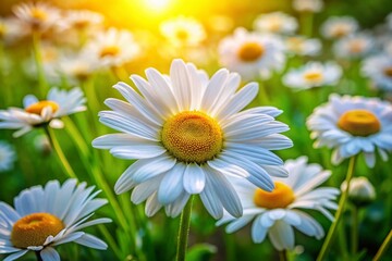Obraz premium Captivating Macro View of White Daisy Blooms in a Lush Field, Showcasing the Delicate Petals and Green Foliage Under Soft Sunlight for Nature Enthusiasts and Floral Lovers