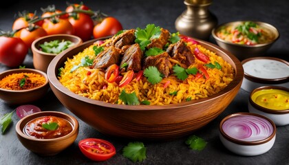 A plate of Kabsa rice with garnished pieces of meat and vegetables, traditional popular Arab banquets and dishes, recipes for delicious oriental foods and meals