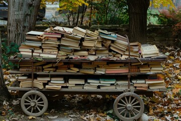 Vintage books stacked high on a wooden cart, surrounded by fallen autumn leaves, creating a nostalgic scene