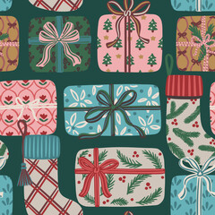 Seamless pattern of wrapped Christmas gifts and holiday stockings on dark green background. Hand drawn colorful vector illustration. Design for wallpaper, textile, wrapping paper, and greeting cards.