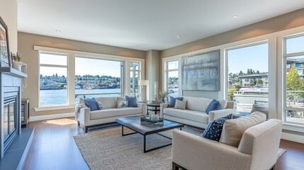 Fototapeta premium Modern waterfront living room with large windows showcasing stunning lake views and contemporary furniture in a stylish, sunlit space