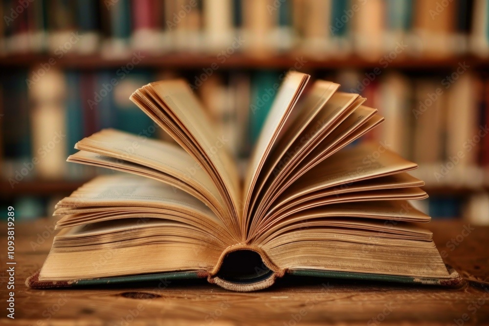 Poster open book with yellowed pages sits on a wooden table against the backdrop of a blurred library books