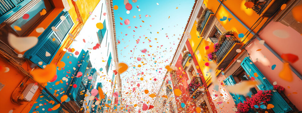 Fototapeta Colorful flower petals cascade over a vibrant Spanish street during the Flower Battle in early May