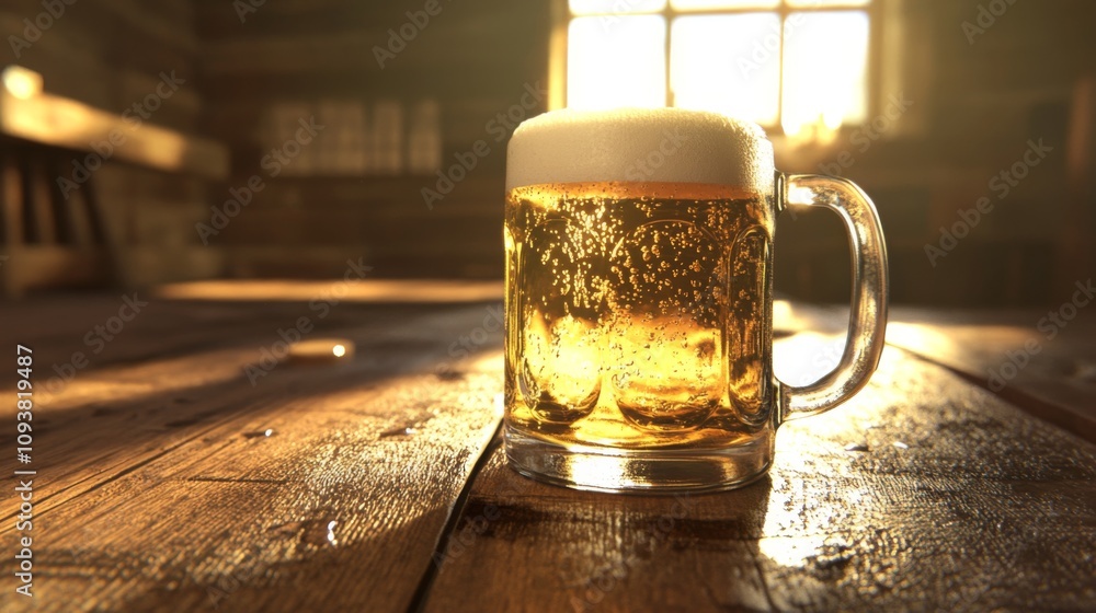 Poster refreshing glass of beer with foam on rustic wooden table surrounded by warm light from a cozy room 