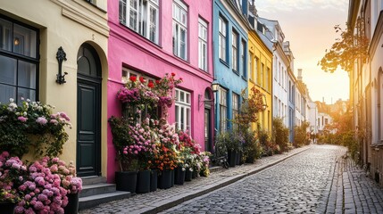 Obraz premium Charming Cobblestone Street with Colorful Houses and Flowering Plants During Sunset in a Quaint European Village