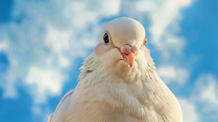 Close-up of a white dove against a bright blue sky with fluffy clouds, symbolizing peace and tranquility in nature.