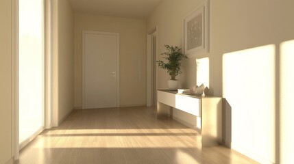 Fototapeta premium Bright and Airy Hallway with Minimalist Decor Featuring Potted Plant and Natural Light Streaming Through Windows for Inviting Interior Spaces