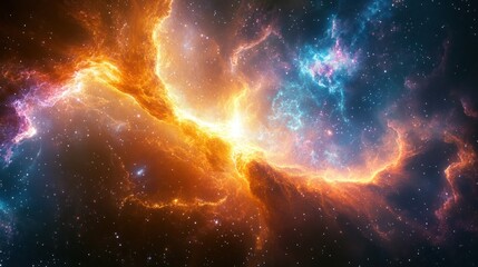 Fototapeta premium A vibrant nebula with swirling clouds of orange, blue, and purple gas against a backdrop of twinkling stars.