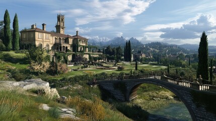 Obraz premium Serene Countryside Mansion with Elegant Bridge Surrounded by Lush Greenery and Majestic Mountains in the Background Reflecting Idyllic Outdoor Beauty