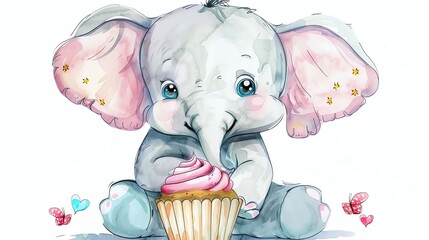 A watercolor illustration of a cute baby elephant eating a cupcake.