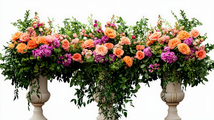 a beautiful outdoor wedding ceremony aisle decorated with pink and orange flowers in tall vases,...