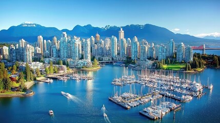 Obraz premium Stunning Aerial View of Vancouver Skyline with Harbour, Mountains, and Marina, Showcasing Urban Beauty and Natural Landscapes Under Clear Blue Sky