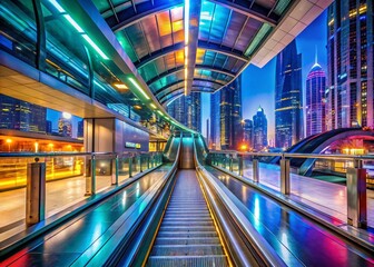 Obraz premium Captivating Night Photography of the Modern Metro Station in Dubai, Showcasing Vibrant Lights, Architectural Design, and a Unique Urban Atmosphere for Visual Storytelling
