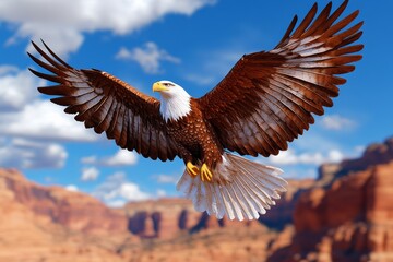 Obraz premium A 3D-rendered American eagle with lifelike textures, flying above a digital recreation of a rugged canyon
