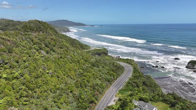 Waves crashing on rugged Nelson coastline, New Zealand - 4K Drone video