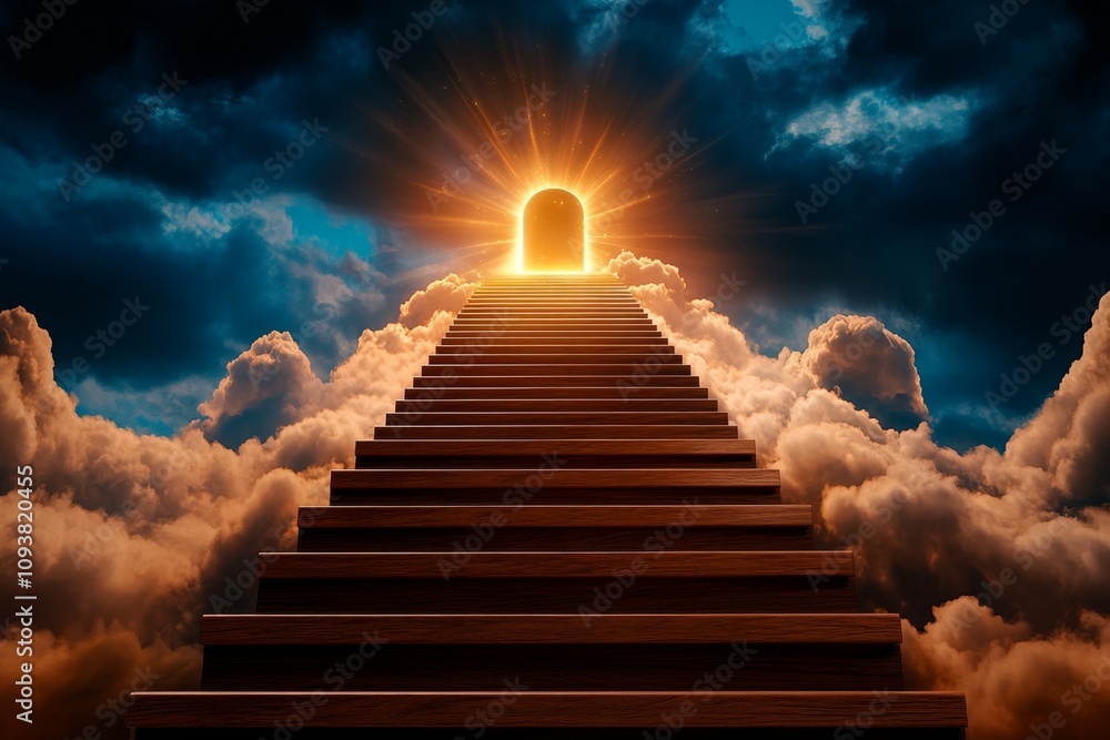 Poster a breathtaking vision of a staircase winding upward into the sky, surrounded by layers of luminous c