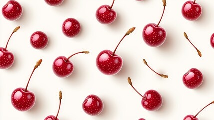 Cherry illustration pattern, perfectly arranged and floating on white background, vivid colors for grocery product focus