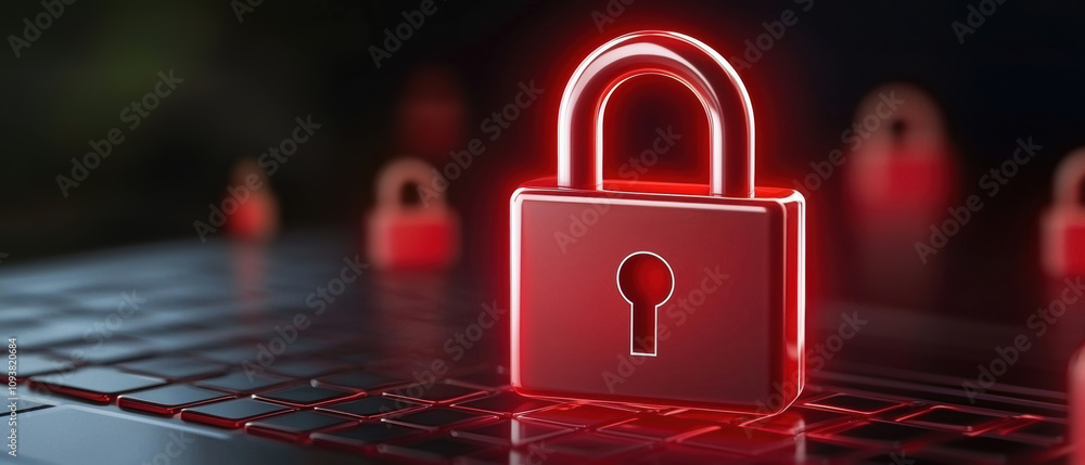 Poster security risks hacking attack concept. a glowing red padlock highlights cybersecurity, symbolizing d
