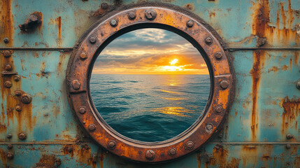 serene ocean view through a round porthole window showcasing the calm and endless sea representing peace solitude and the allure of travel offering a moment of reflection and connection with nature