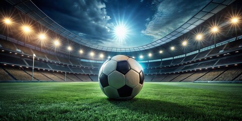 Captivating Nighttime Portrait of a Soccer Ball Resting on an Empty Stadium Field, Illuminated by Moonlight, Evoking a Sense of Loneliness and Athletic Spirit