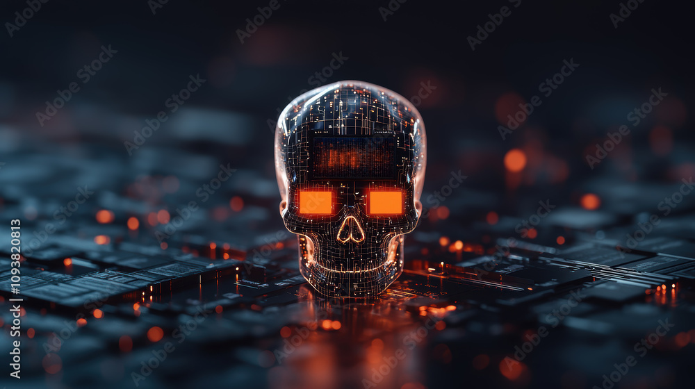 Aufkleber security risks hacking attack concept. a futuristic, digital skull with glowing elements sits on a d