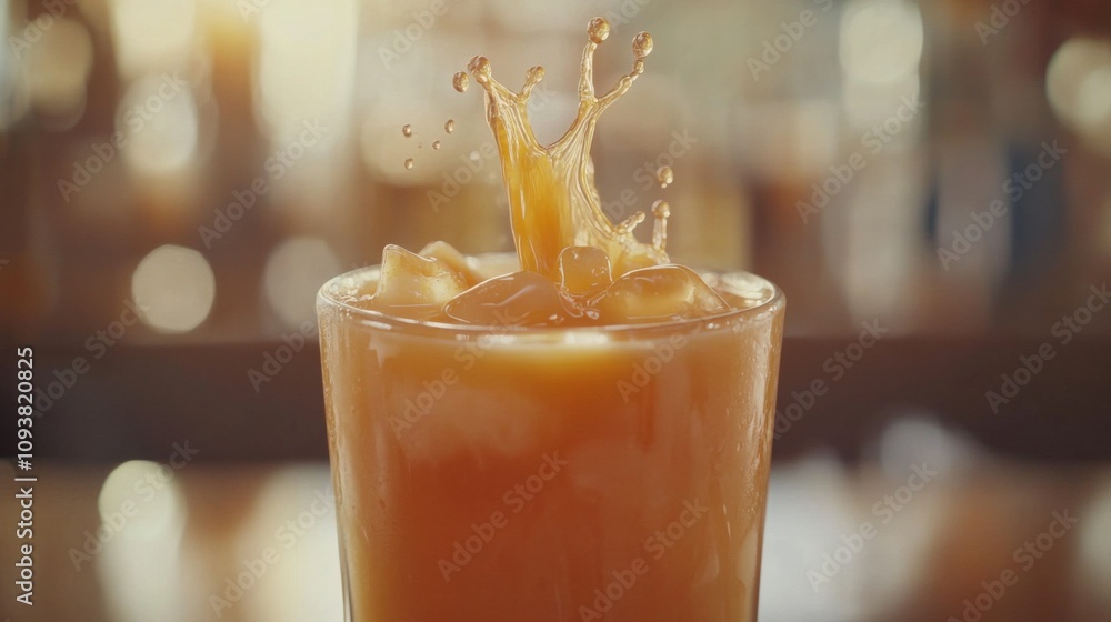 Aufkleber Refreshing Cocktail with Splashing Ice Cubes Captured in Close-Up on a Bar Counter, Perfect for Summer Drinks and Party Vibes