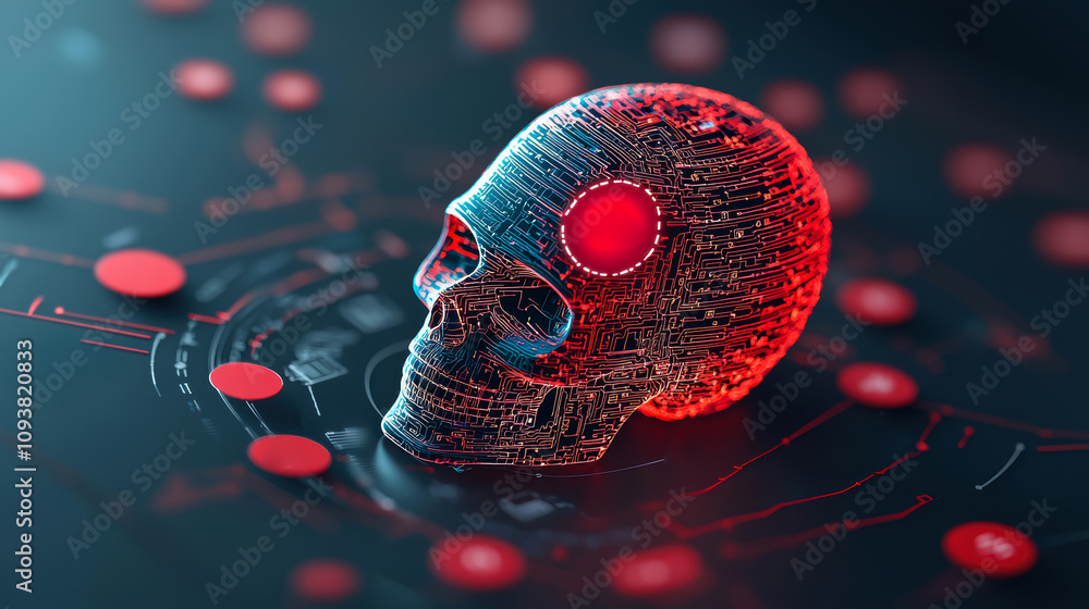 Aufkleber security risks hacking attack concept. a digital skull with glowing red accents is surrounded by cir