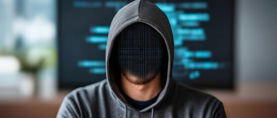 Security risks hacking attack concept. A hooded figure with a grid-patterned face sits against a backdrop of digital code, evoking themes of anonymity and technology.