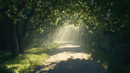 Obraz premium Enchanted Pathway Through Lush Greenery with Soft Sunlight Filtering Through Blossoming Trees in a Serene Natural Setting
