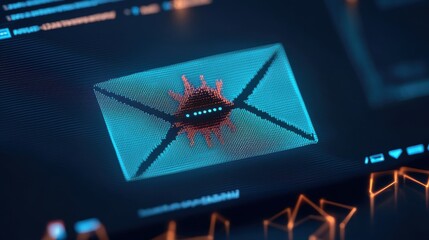 Security risks hacking attack concept. A digital illustration depicting a malware-infected email icon, highlighting cybersecurity threats with a futuristic interface.