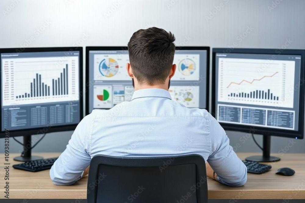 Poster A data analyst surrounded by multiple monitors, each displaying different types of charts, graphs, and data points