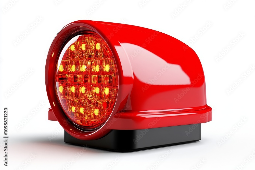 Poster A detailed 3D rendering of a red emergency beacon light, with visible reflections and a bright radiating glow. The light is isolated on a white background, creating a dramatic effect of realism,
