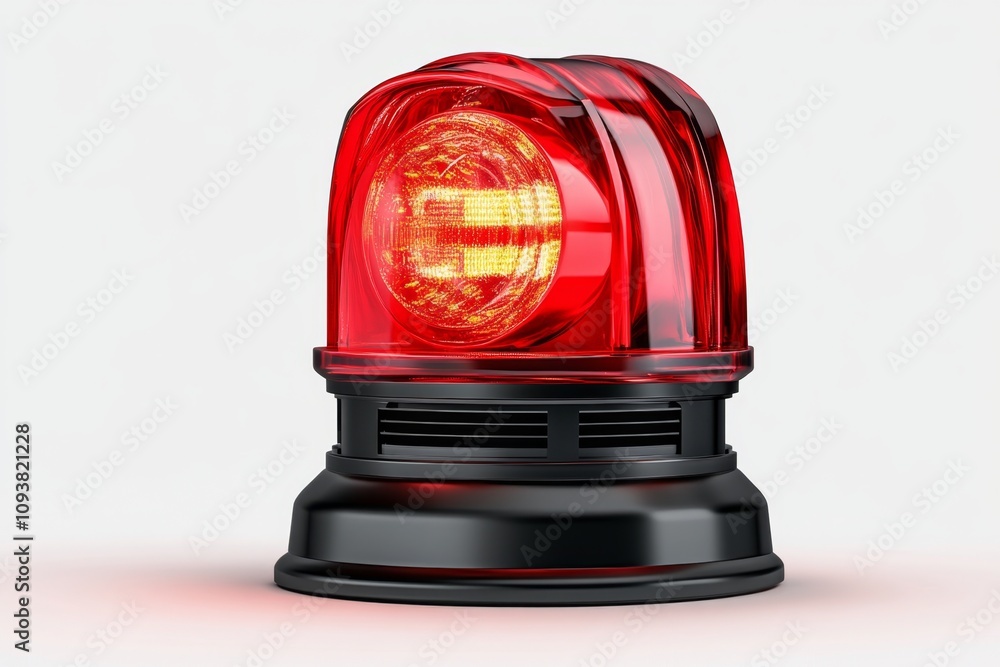 Poster a detailed 3d rendering of a red emergency beacon light, with visible reflections and a bright radia