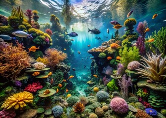 Fototapeta premium Captivating Pacific Northwest Aquarium Habitat in Toronto Showcasing Vibrant Marine Life, Lush Aquatic Plants, and Enchanting Underwater Landscapes for Nature Enthusiasts