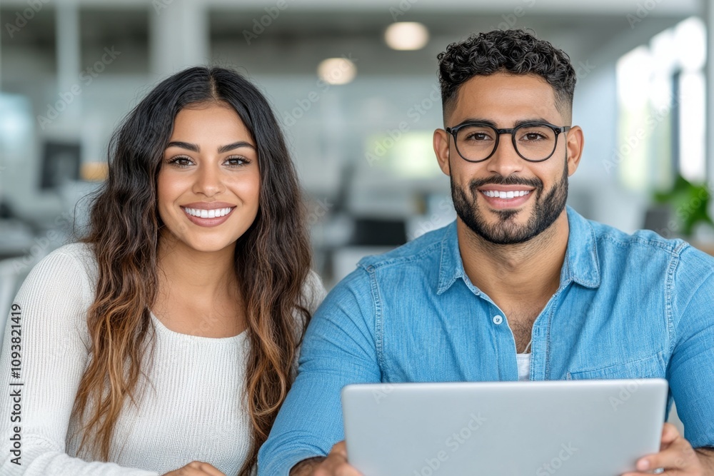 Poster a dynamic real estate consultation featuring a smiling hispanic agent presenting a virtual house tou