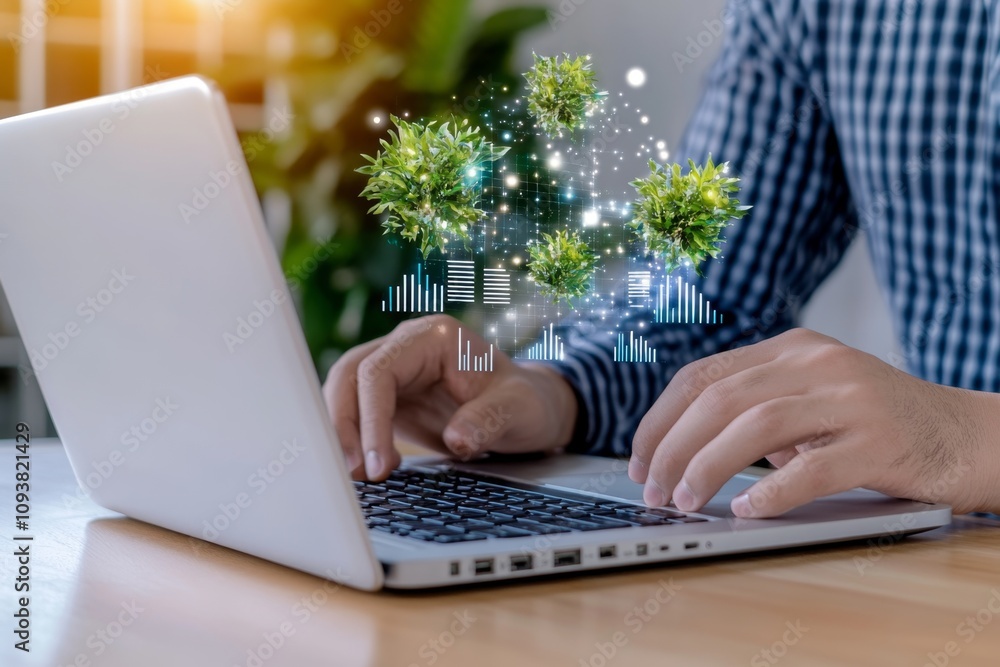 Poster a dynamic scene of a businessman in a corporate setting, analyzing roi data on a laptop. holographic