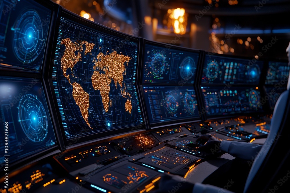 Poster A futuristic analytic control room with AI-powered dashboards tracking global data in real time